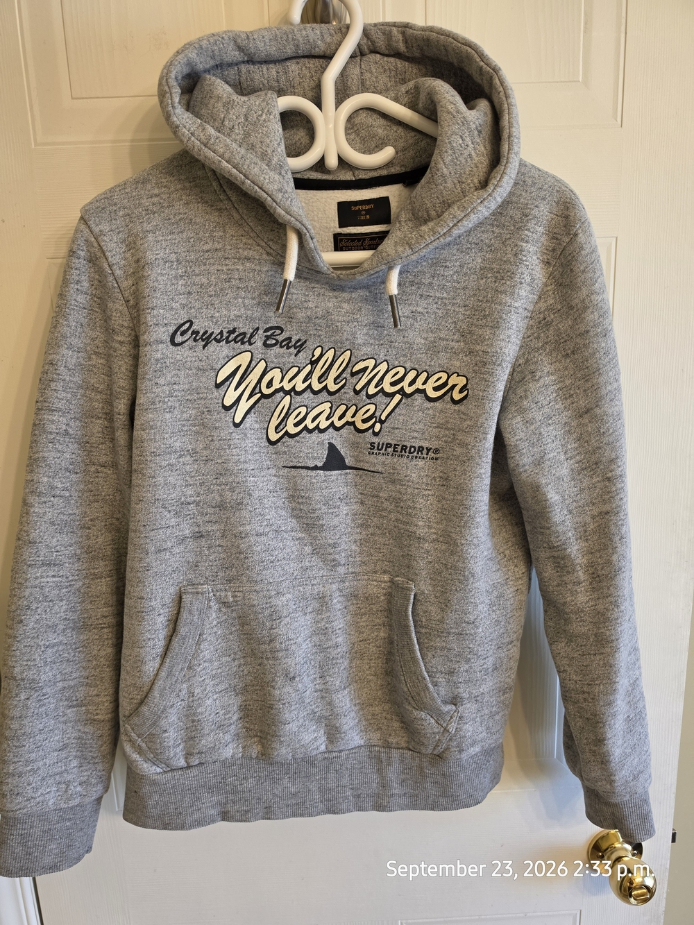 Superdry Gray 'You'll Never Leave' Hooded Sweatshirt with Script Logo